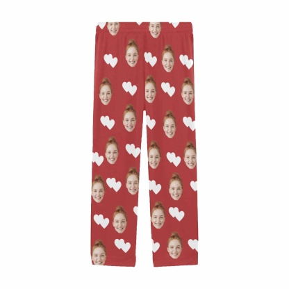 Custom Custom Couple Face White Hearts Red Background Sleepwear Personalized Women's&Men's Slumber Party Long Pajama Pants - YesCustom