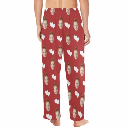 Custom Custom Couple Face White Hearts Red Background Sleepwear Personalized Women's&Men's Slumber Party Long Pajama Pants - YesCustom