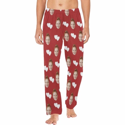 Custom Custom Couple Face White Hearts Red Background Sleepwear Personalized Women's&Men's Slumber Party Long Pajama Pants - YesCustom
