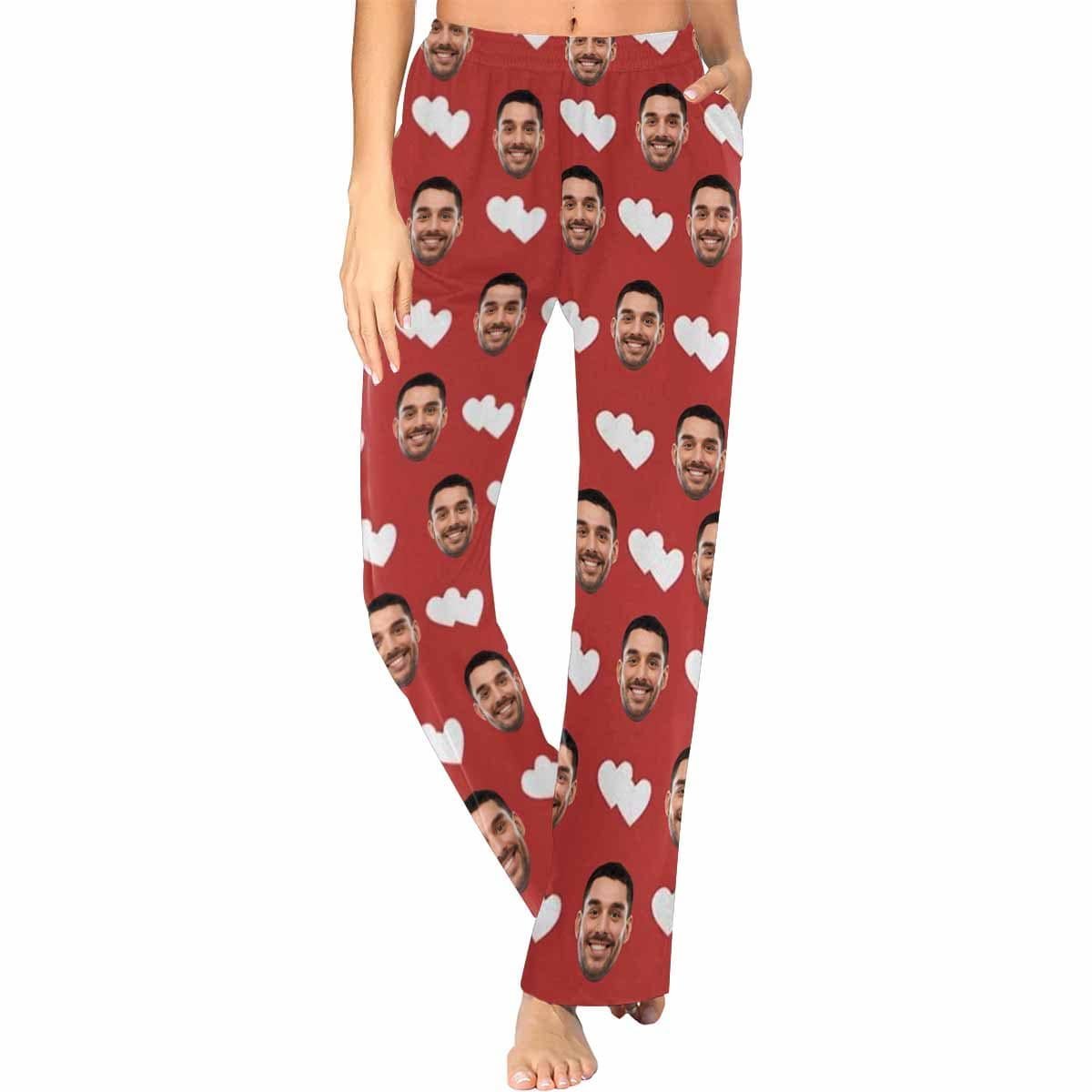 Custom Custom Couple Face White Hearts Red Background Sleepwear Personalized Women's&Men's Slumber Party Long Pajama Pants - YesCustom
