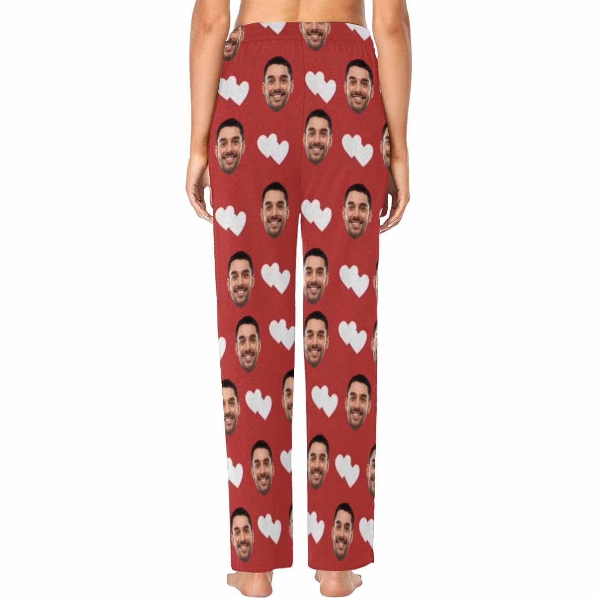 Custom Custom Couple Face White Hearts Red Background Sleepwear Personalized Women's&Men's Slumber Party Long Pajama Pants - YesCustom