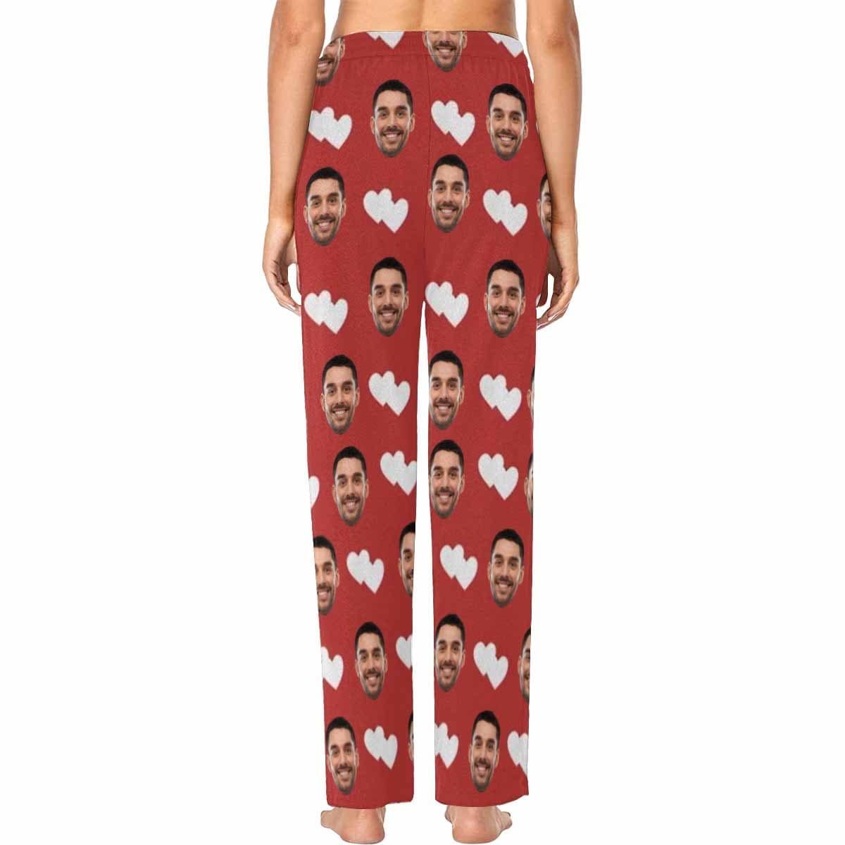 Custom Custom Couple Face White Hearts Red Background Sleepwear Personalized Women's&Men's Slumber Party Long Pajama Pants - YesCustom