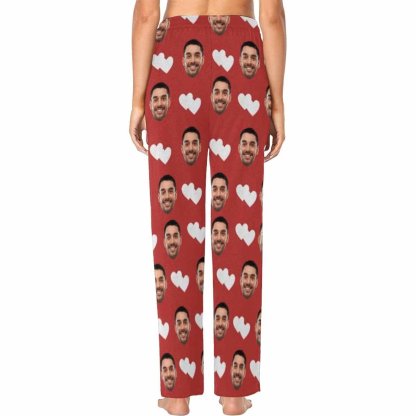 Custom Custom Couple Face White Hearts Red Background Sleepwear Personalized Women's&Men's Slumber Party Long Pajama Pants - YesCustom
