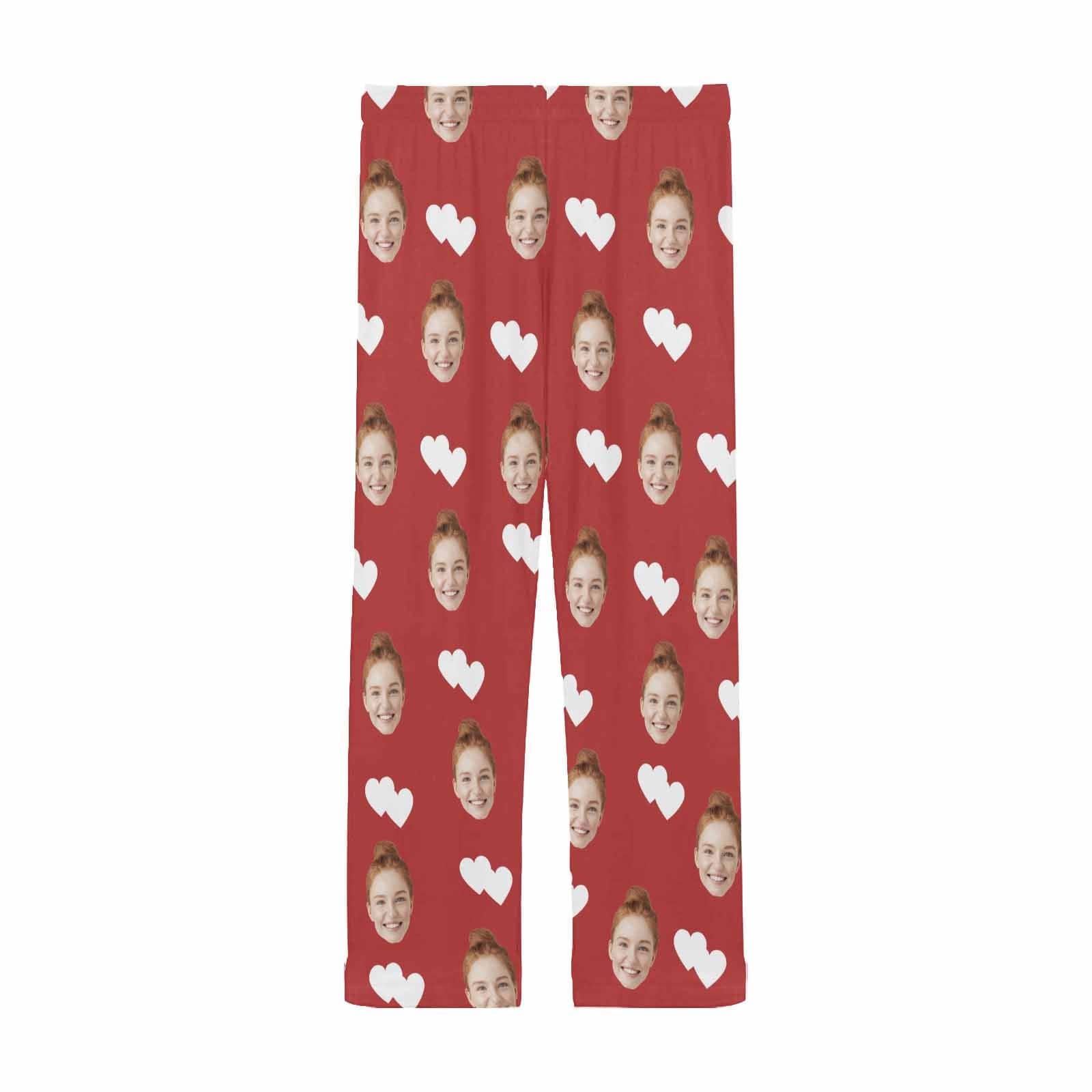 Custom Custom Couple Face White Hearts Red Background Sleepwear Personalized Women's&Men's Slumber Party Long Pajama Pants - YesCustom