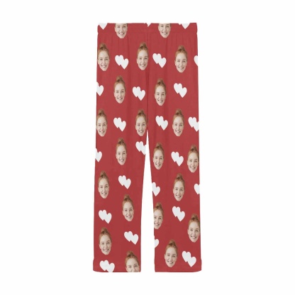 Custom Custom Couple Face White Hearts Red Background Sleepwear Personalized Women's&Men's Slumber Party Long Pajama Pants - YesCustom