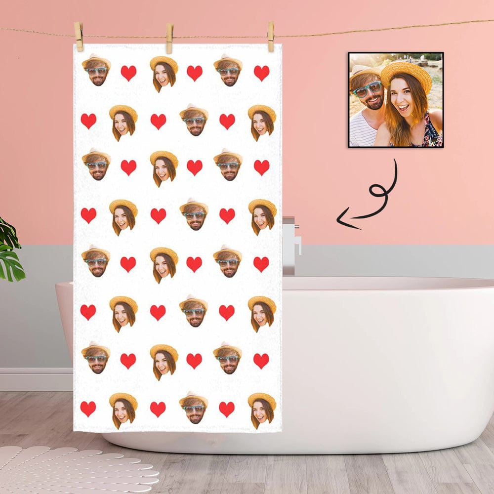 Custom Custom Couple Faces Love Heart Bath Towel 30"x56" Beach Towel Kids Towel Pool Towel Camp Towel - YesCustom