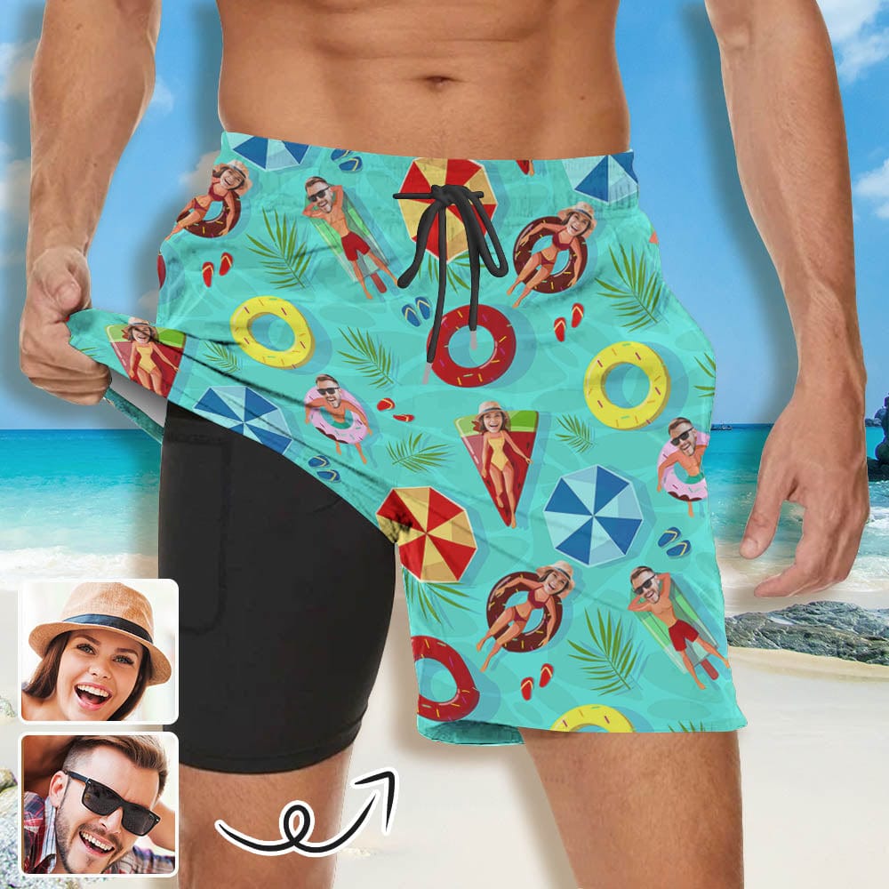 Custom Custom Couple Faces Swimming Ring Men's Quick Dry 2 in 1 Surfing & Beach Shorts Male Gym Fitness Shorts - YesCustom