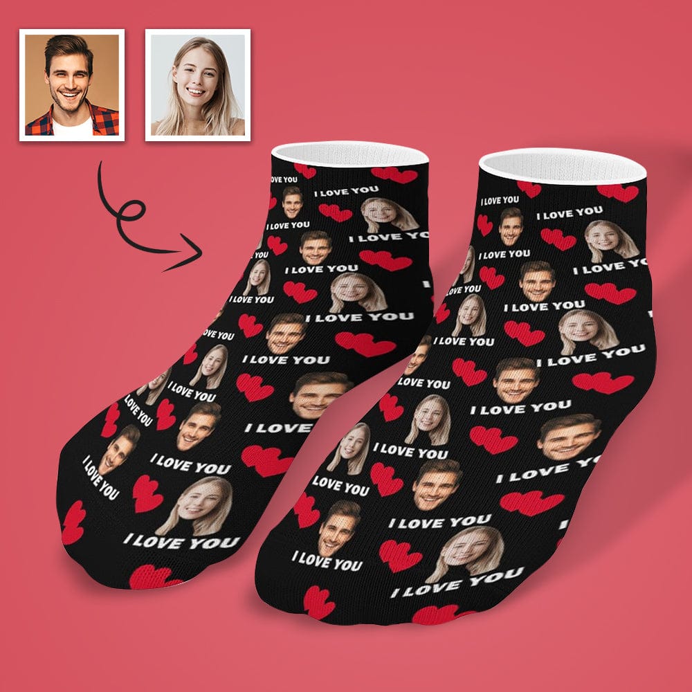 Custom Custom Couple & Hearts Face Socks Personalised I Love You Black Ankle Socks For Lover Gift - YesCustom