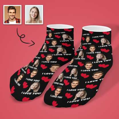 Custom Custom Couple & Hearts Face Socks Personalised I Love You Black Ankle Socks For Lover Gift - YesCustom