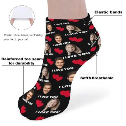 Custom Custom Couple & Hearts Face Socks Personalised I Love You Black Ankle Socks For Lover Gift - YesCustom
