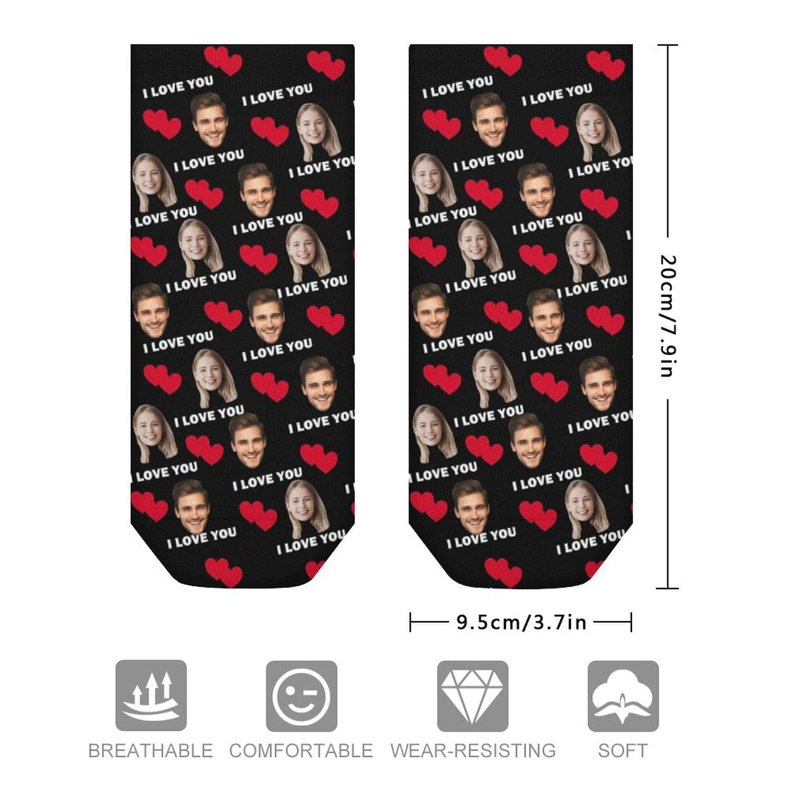 Custom Custom Couple & Hearts Face Socks Personalised I Love You Black Ankle Socks For Lover Gift - YesCustom