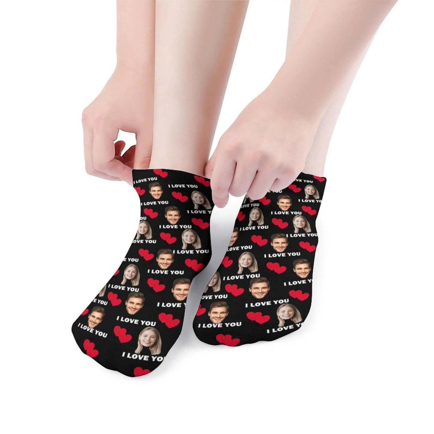 Custom Custom Couple & Hearts Face Socks Personalised I Love You Black Ankle Socks For Lover Gift - YesCustom