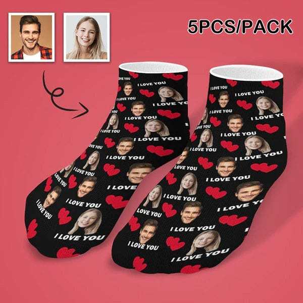 Custom Custom Couple & Hearts Face Socks Personalised I Love You Black Ankle Socks For Lover Gift - YesCustom