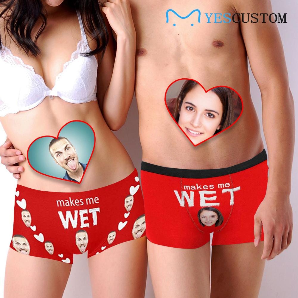 Custom Custom Couple Matching Briefs with Face Personalized Photo Makes Me Wet Women's Boyshort Panties&Men's Boxer Briefs, Valentine's Day Gift - YesCustom