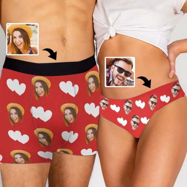 Custom Custom Couple Matching Lingerie Briefs with Face Heart Personalized Photo Underwear For Couple Valentine's Day Gift - YesCustom