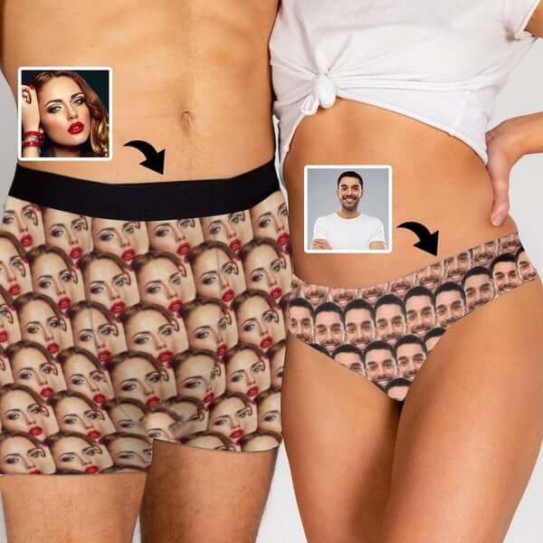 Custom Custom Couple Matching Lingerie Briefs with Funny Face Personalized Photo Underwear For Couple Valentine's Day Gift - YesCustom