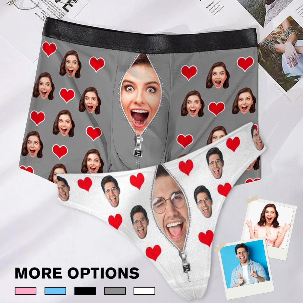 Custom Custom Couple Matching Lingerie Briefs with Funny Heart Zip Face Personalized Photo Underwear For Couple Valentine's Day Gift - YesCustom