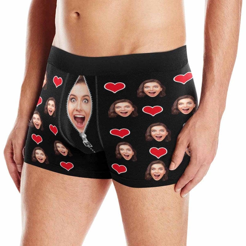 Custom Custom Couple Matching Lingerie Briefs with Funny Heart Zip Face Personalized Photo Underwear For Couple Valentine's Day Gift - YesCustom