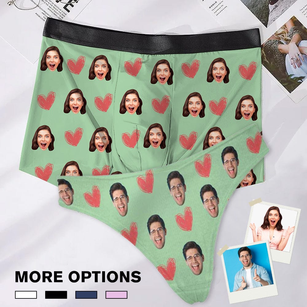 Custom Custom Couple Matching Lingerie Briefs with Funny Sweet Heart Face Personalized Photo Underwear For Couple Valentine's Day Gift - YesCustom