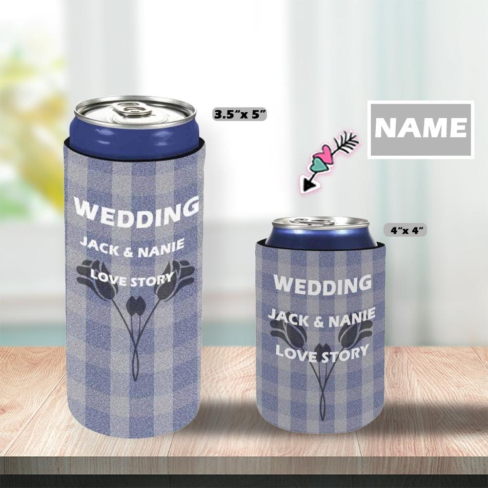 Custom Custom Couple Name Flower Blue-gray Plaid Can Cooler Wedding Koozies Personalized Can Cooler DIY Cooler for Parties Weddings Events - YesCustom