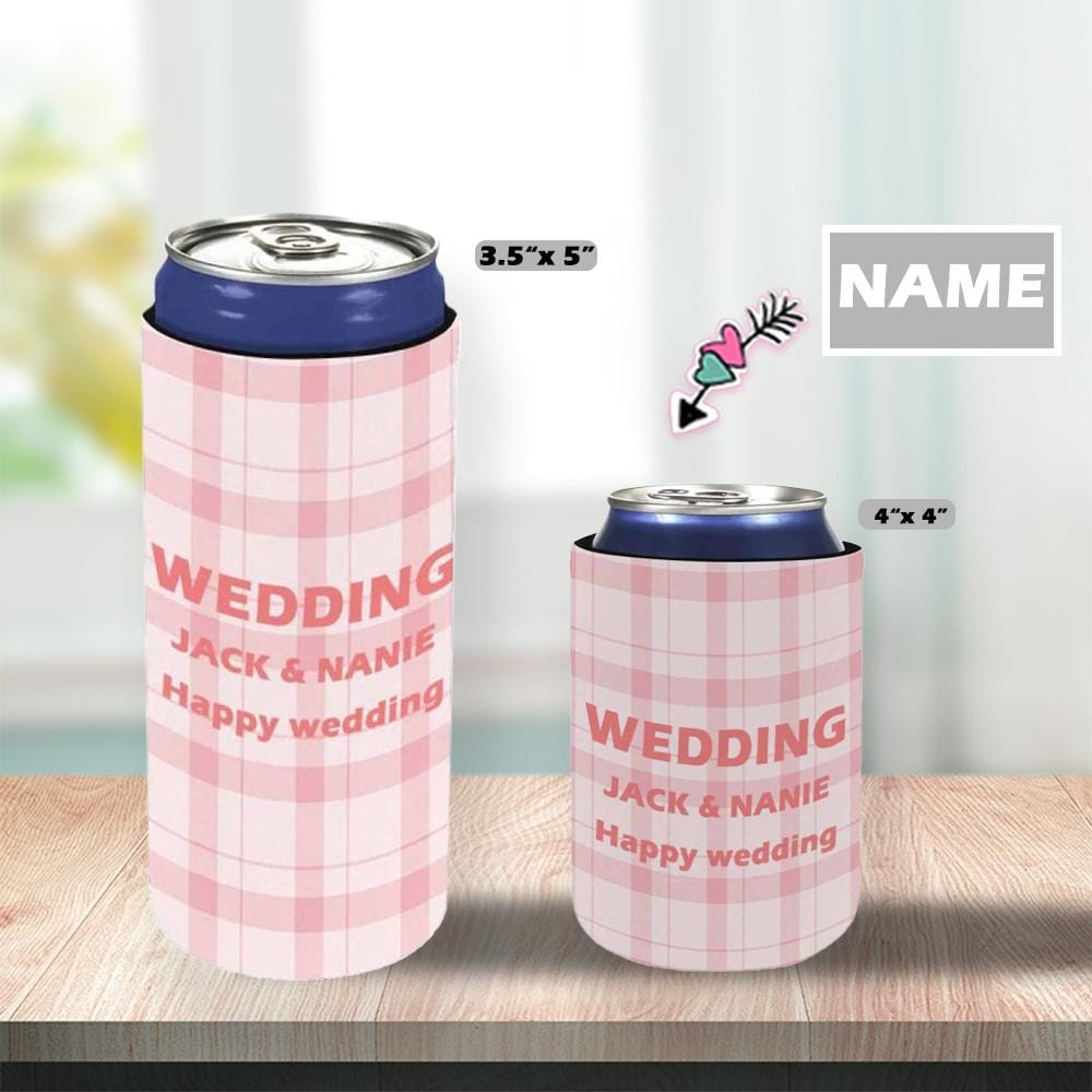 Custom Custom Couple Name Pink Plaid Can Cooler Wedding Koozies Personalized Can Cooler DIY Cooler for Parties Weddings Events - YesCustom