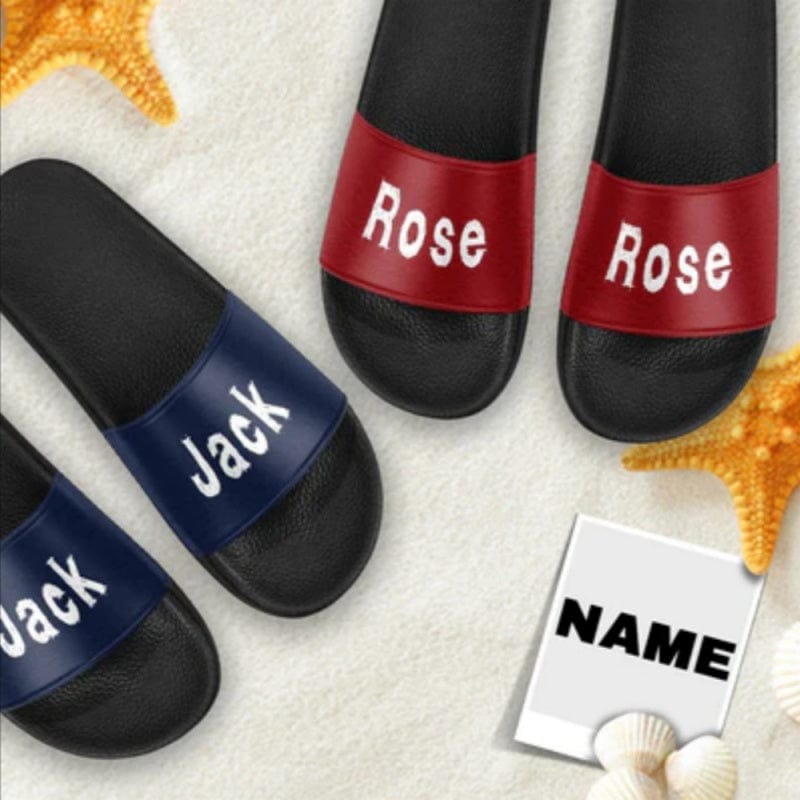 Custom Custom Couple Name Sandals Personalized Name Blue And Red Slides - YesCustom