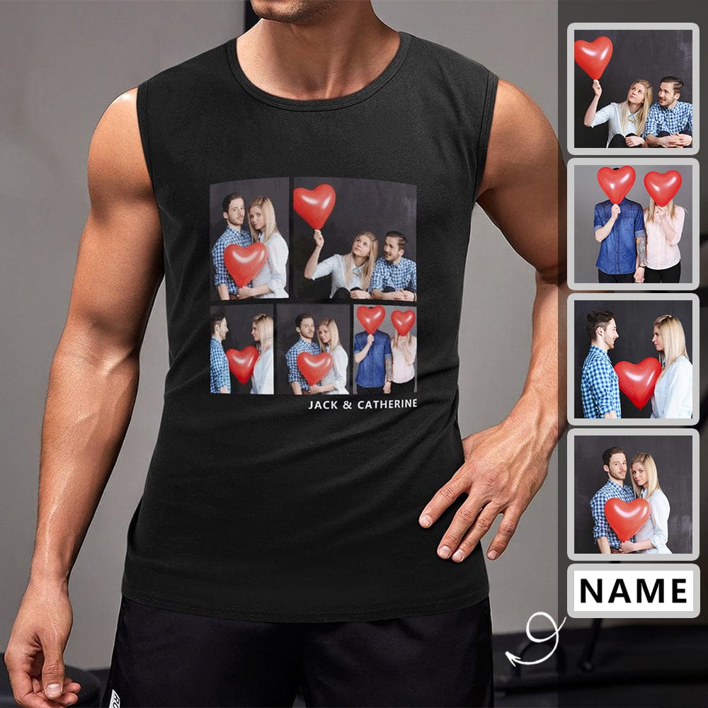 Custom Custom Couple Name&Photos Sleeveless 100% Cotton T-Shirt Personalized Men's All Over Print Tank Top - YesCustom