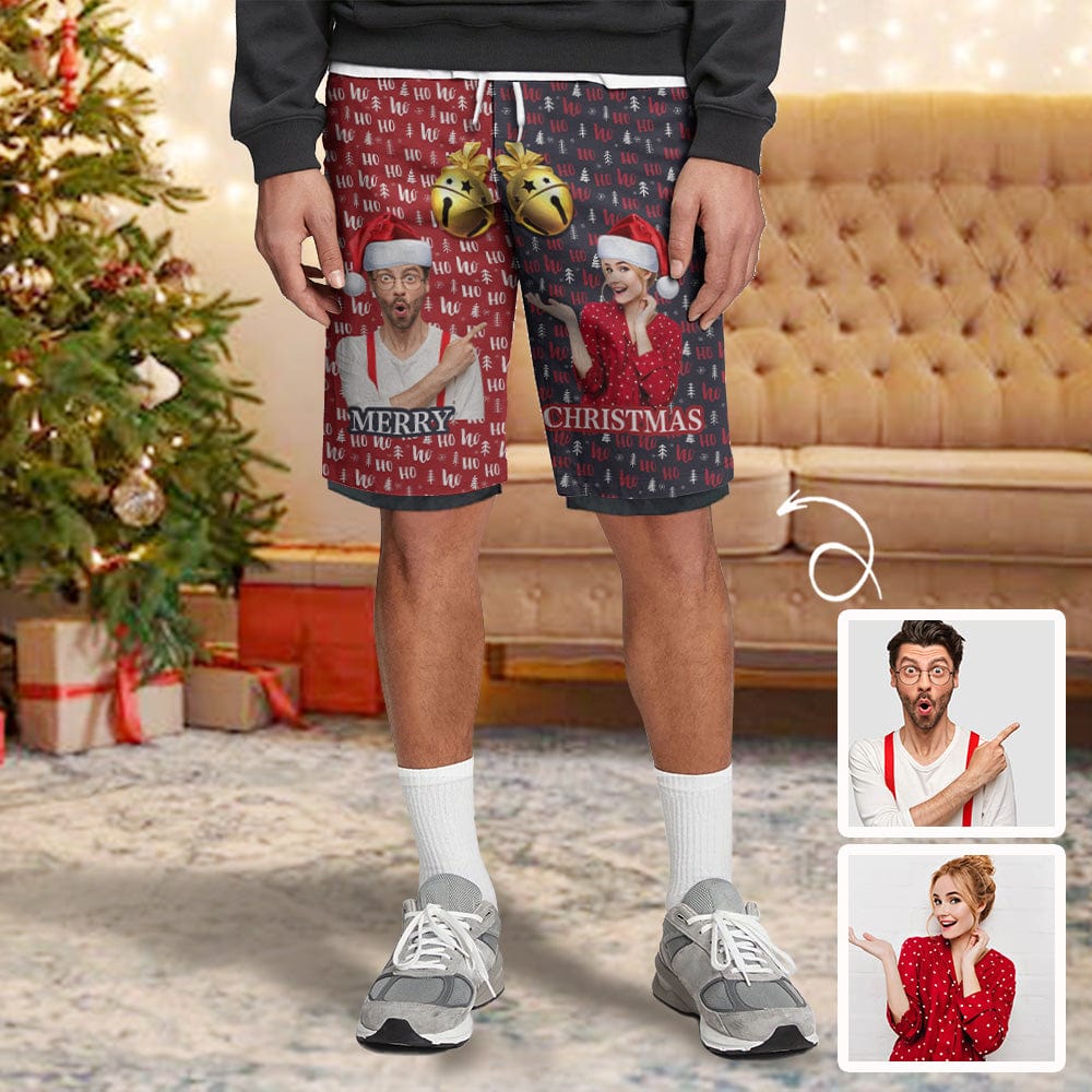Custom Custom Couple Photo Christmas Bell Men's 2 in 1 Running Shorts Workout Training Quick Dry Bodybuliding Athletic Shorts Jogger with Pockets - YesCustom