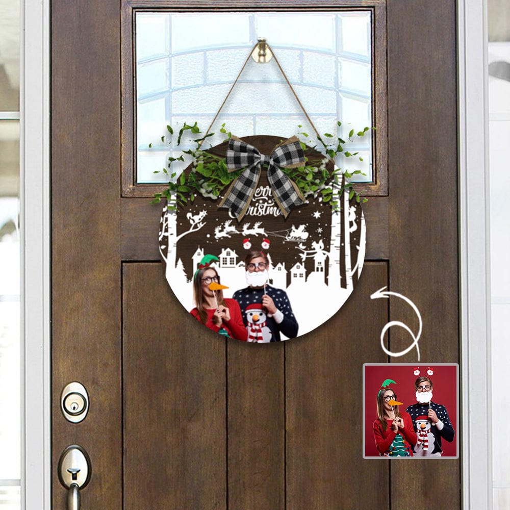 Custom Custom Couple Photo Christmas Door Hanger Welcome Personalized Wood Circle Sign Round Welcome Sign Front Door Decor - YesCustom