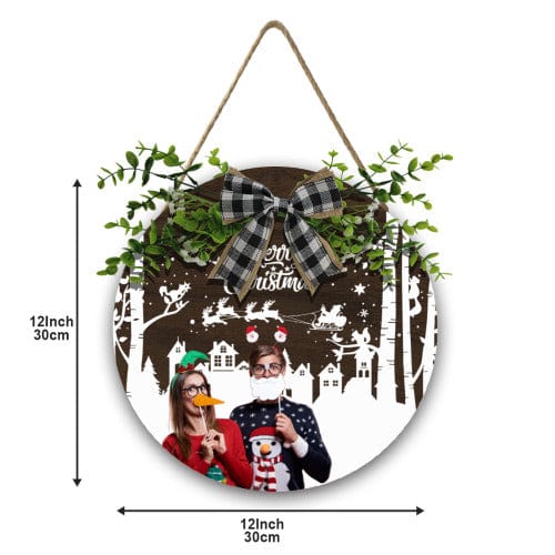 Custom Custom Couple Photo Christmas Door Hanger Welcome Personalized Wood Circle Sign Round Welcome Sign Front Door Decor - YesCustom