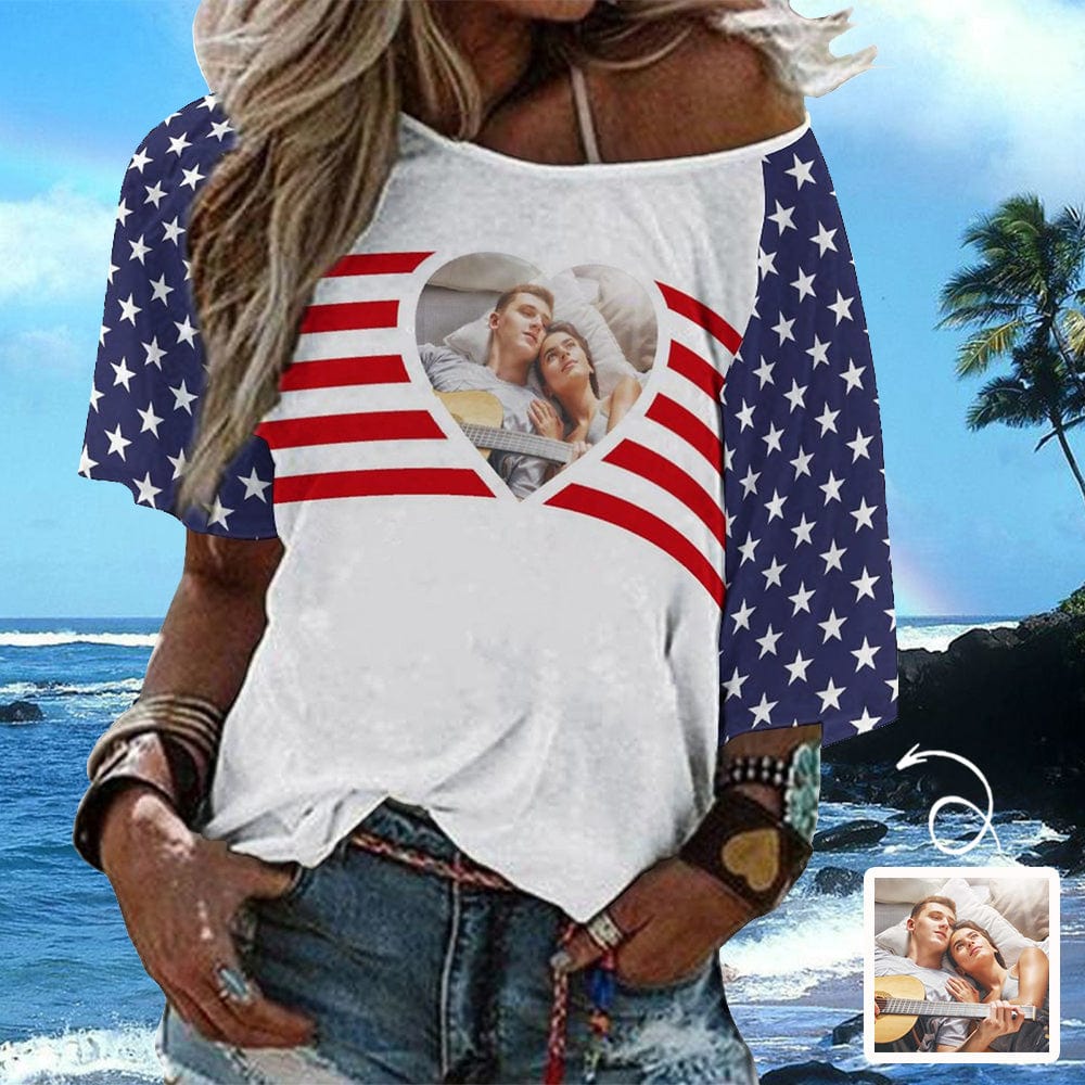 Custom Custom Couple Photo Star Red Stripes Slouchy Shirt Off Shoulder Personalized Slouchy Scoop Neck Tee Women's Mid Sleeve Straight Neck T-shirt - YesCustom