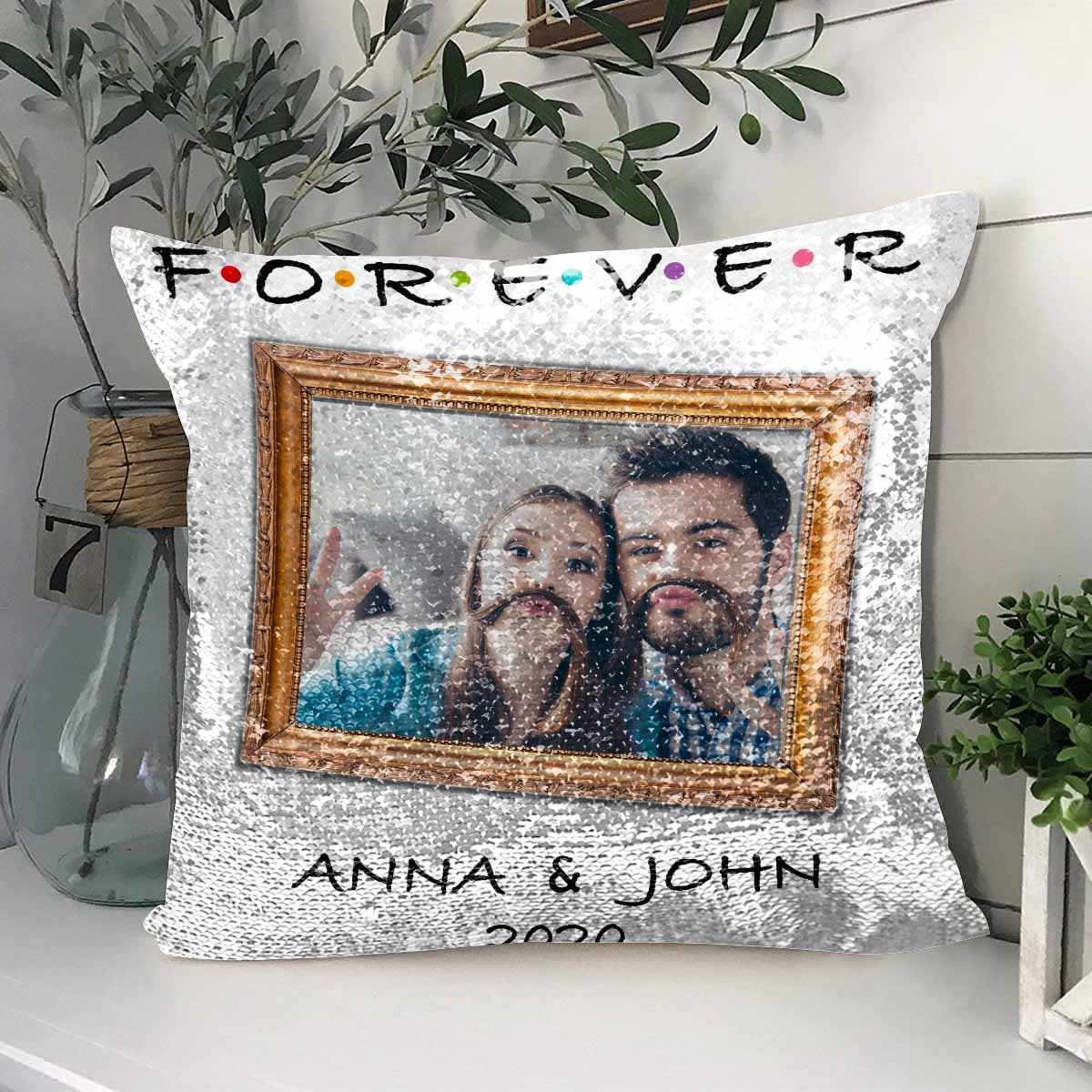 Custom Custom Couple Photo&Name Sequin Pillow Case Personalized Pillow Cover 15.7" x 15.7" - YesCustom