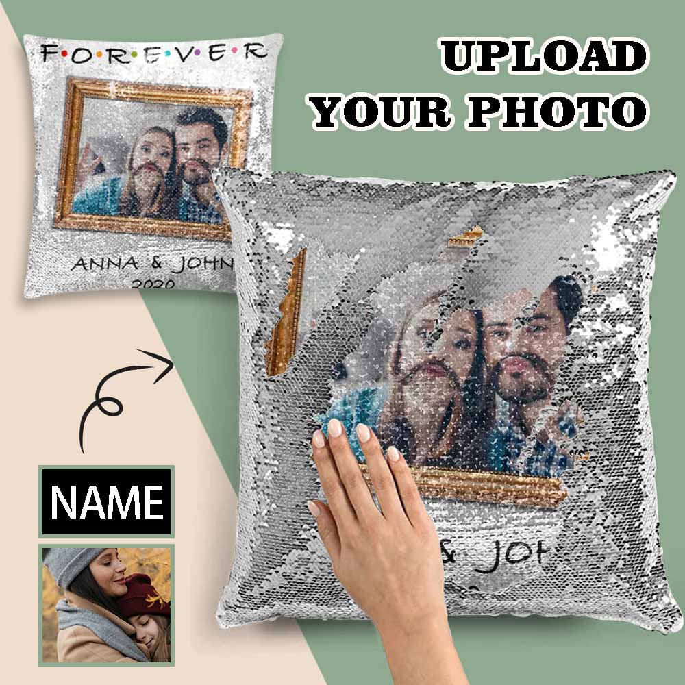 Custom Custom Couple Photo&Name Sequin Pillow Case Personalized Pillow Cover 15.7" x 15.7" - YesCustom