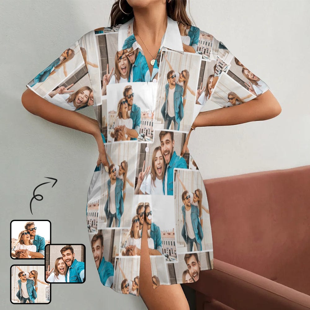 Custom Custom Couple Photos Satin Nightgown For Women Silk Nightshirt Button Down Pajamas Dress Boyfriend Sleepshirt S-3XL - YesCustom