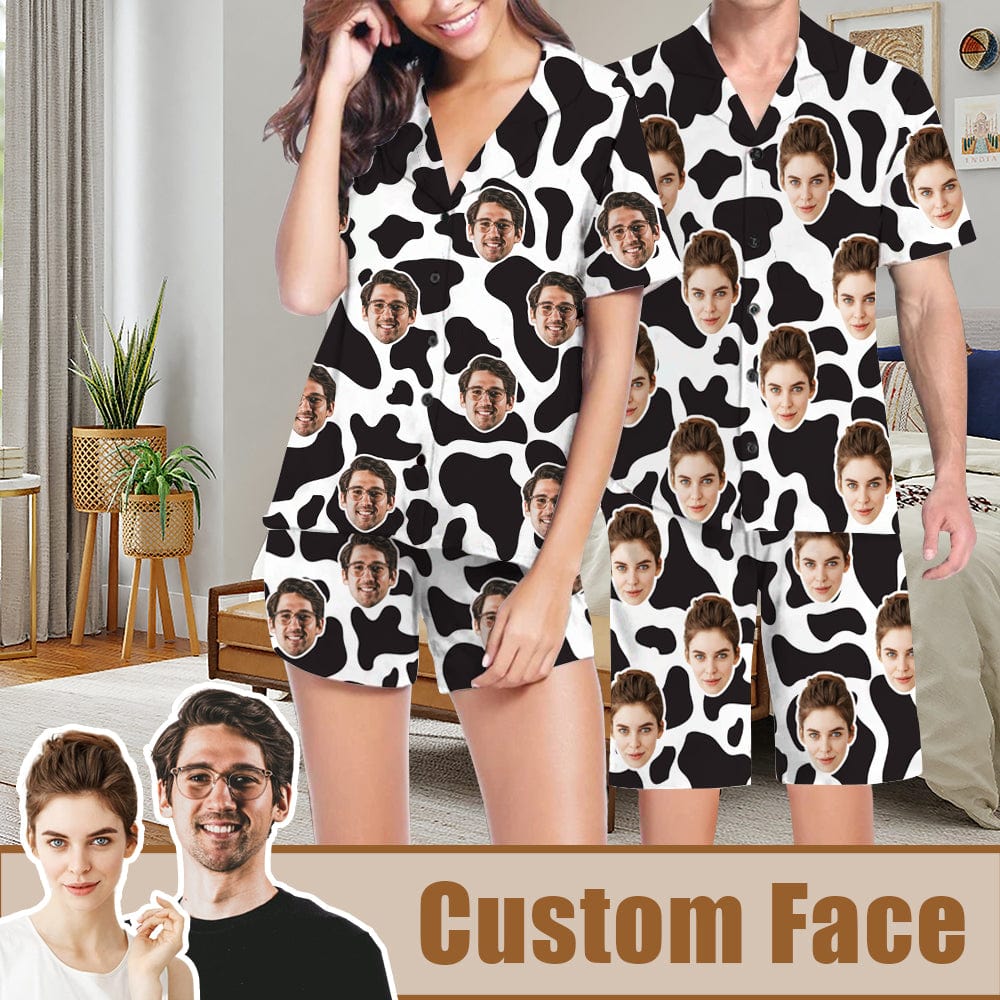 Custom Custom Couples Pajamas Personalized Face Black White Couple Matching V-Neck Short Pajama Set - YesCustom