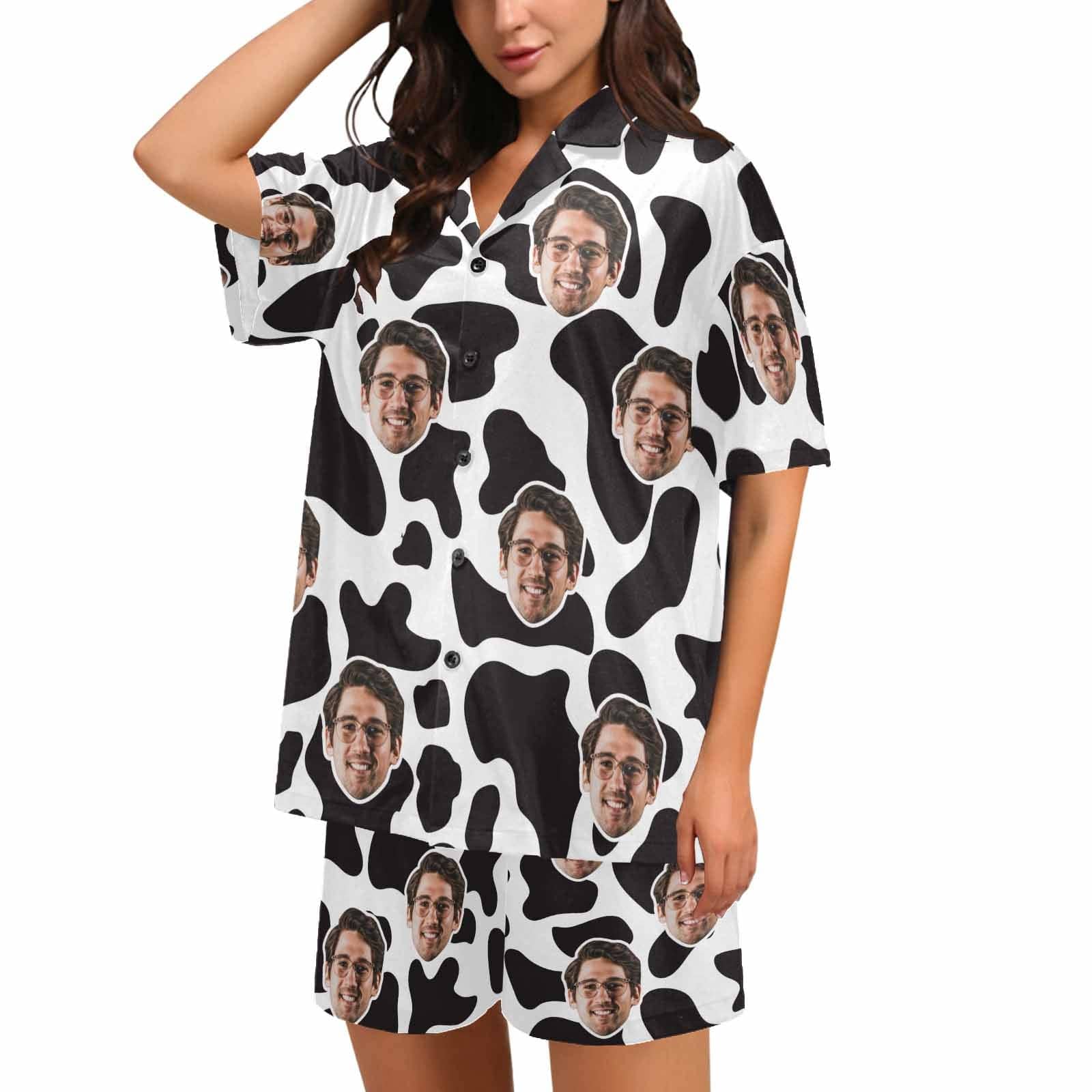 Custom Custom Couples Pajamas Personalized Face Black White Couple Matching V-Neck Short Pajama Set - YesCustom