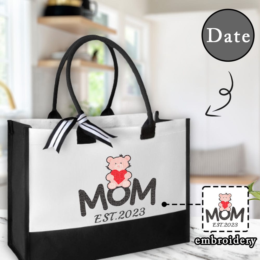 Custom Custom Date Bears Mom Canvas Shoulder Tote Bag Embroidery Personalized Environmental Protection Handbag Mom Tote Bag Mommy Bag Mom Gift - YesCustom