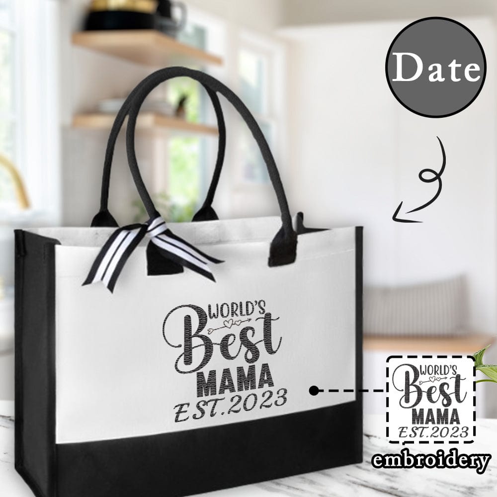 Custom Custom Date Best Mom Canvas Shoulder Tote Bag Embroidery Personalized Environmental Protection Handbag Mom Tote Bag Mommy Bag Mom Gift - YesCustom