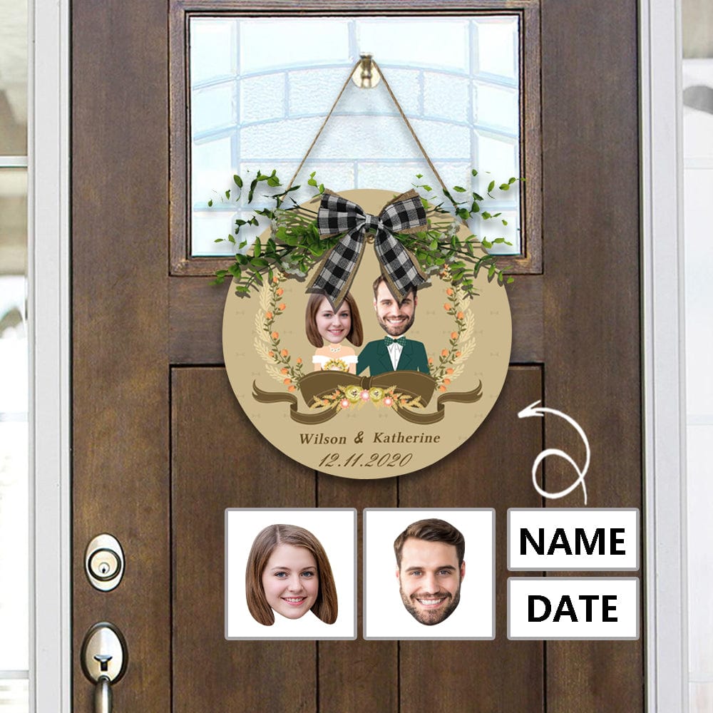 Custom Custom Date & Face & Name Couple Door Hanger Welcome Wood Circle Sign Round Welcome Sign Front Door Decor - YesCustom
