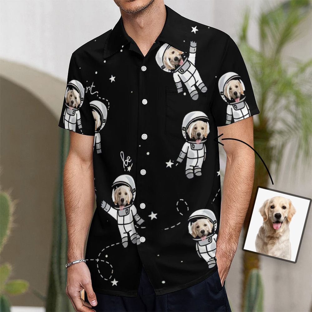 Custom Custom Dog Face Astronaut Black Shirt Men Front Pocket Beach Shortsleeve Pocket Hawaiian Shirt Boyfriend Gift For Him - YesCustom