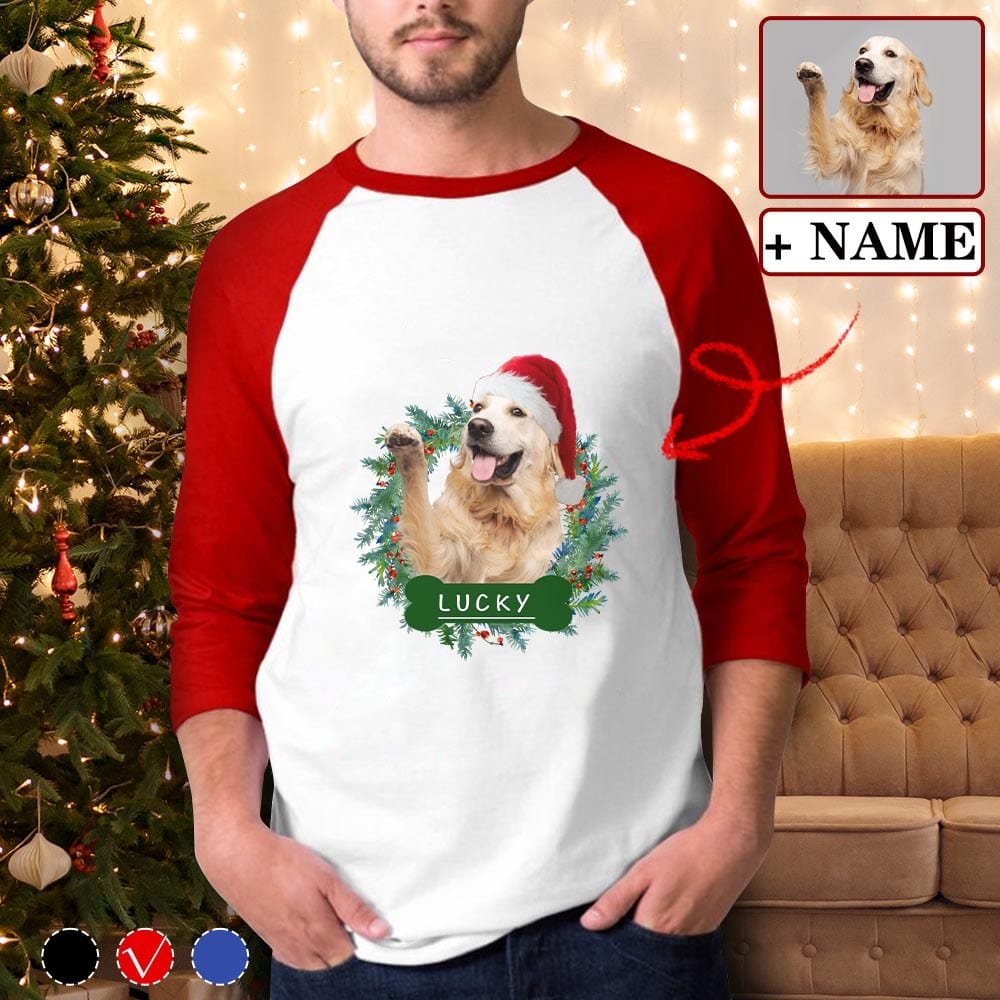 Custom Custom Dog Face Christmas Hat Three Quarter Sleeve T-Shirt Multiple Colors Men's Casual Basic Soft Sports Raglan Baseball Tee Shirts For Christmas - YesCustom