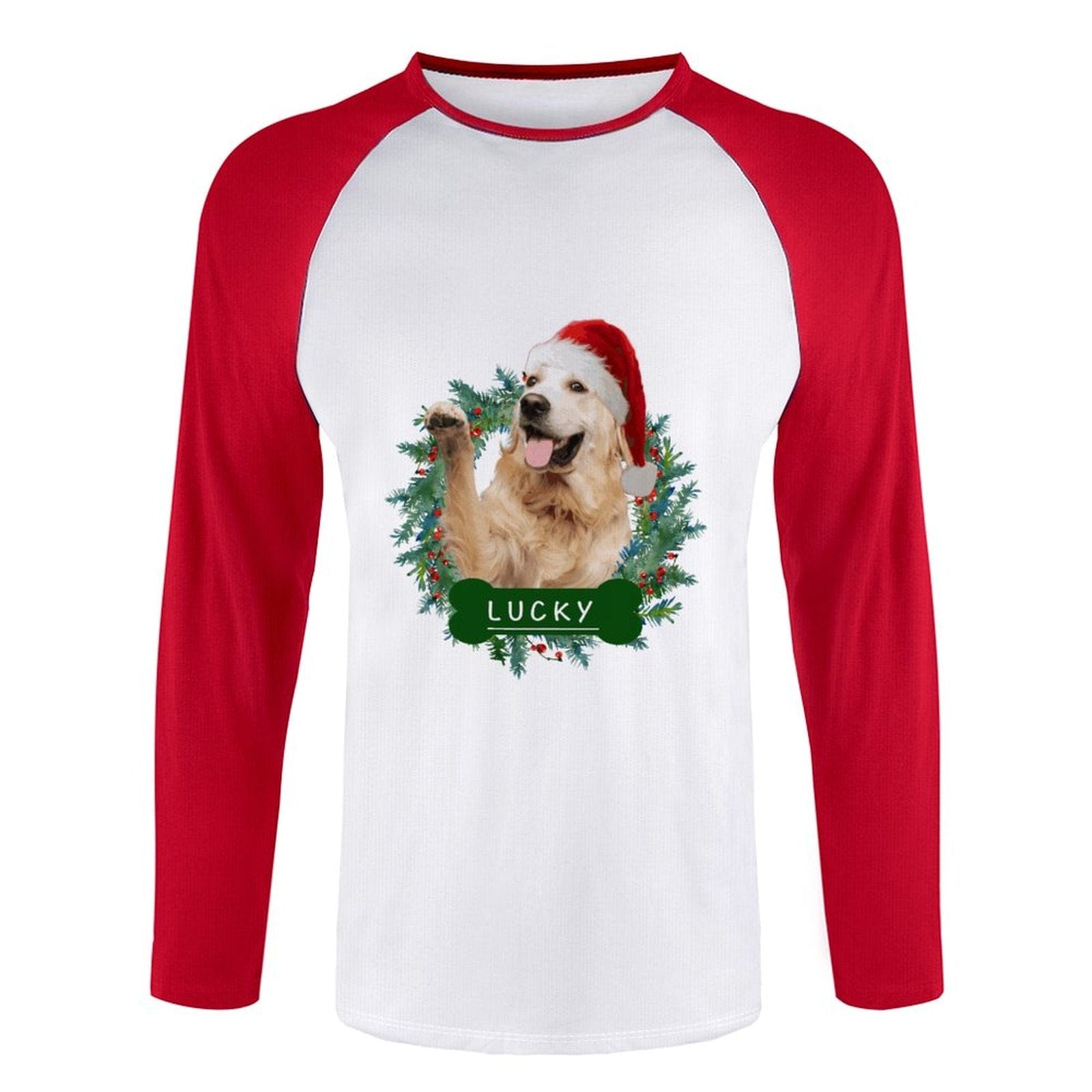 Custom Custom Dog Face Christmas Hat Three Quarter Sleeve T-Shirt Multiple Colors Men's Casual Basic Soft Sports Raglan Baseball Tee Shirts For Christmas - YesCustom