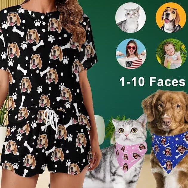 Custom Custom Dog Face Dog Bone Pajama Set Women's Short Sleeve Loungewear Athletic Tracksuits and Pet Dog Bandana - YesCustom