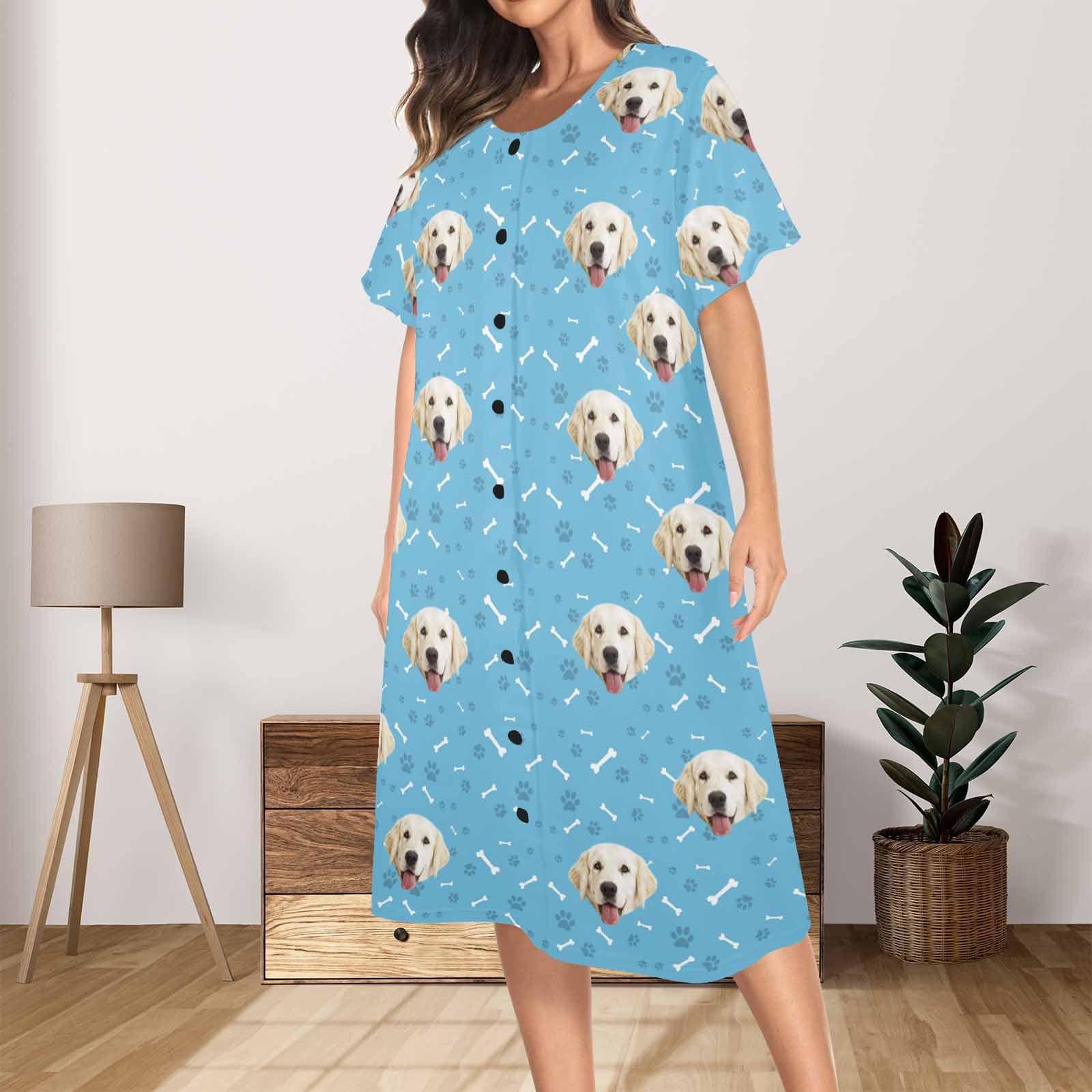 Custom Custom Dog Face Dog Bone Women's Nightshirt Short Sleeve Button Down Nightgown V-Neck Sleepwear Pajama Dress - YesCustom