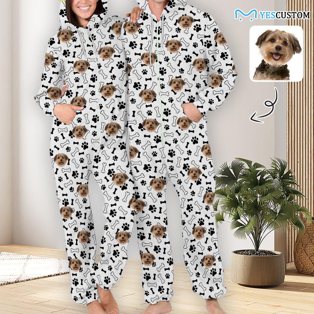 Custom Custom Dog Face Foot Print Unisex Adult Hooded Onesie Jumpsuits with Pocket Personalized Zip One-piece Pajamas for Men and Women - YesCustom