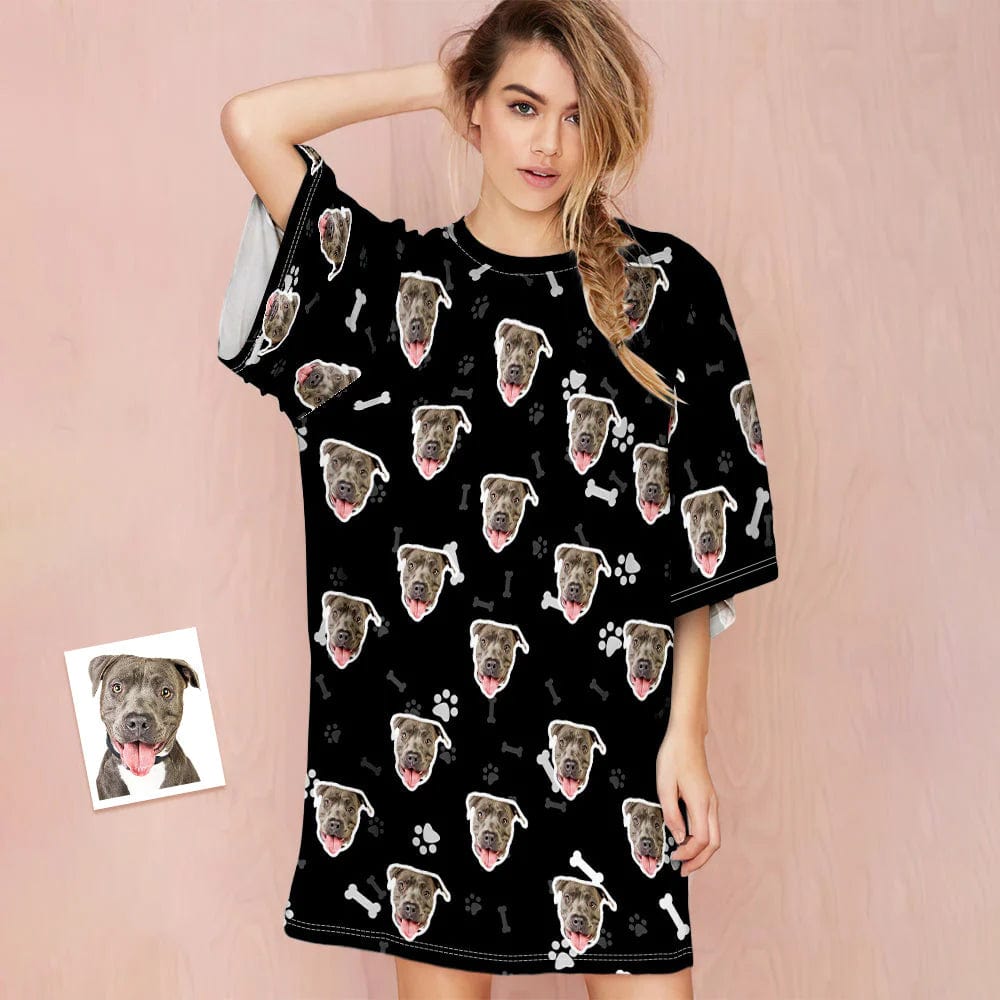 Custom Custom Dog Face Nightdress Personalized Photo Women's Oversized Colorful Nightshirt Bone Gifts For Women - YesCustom