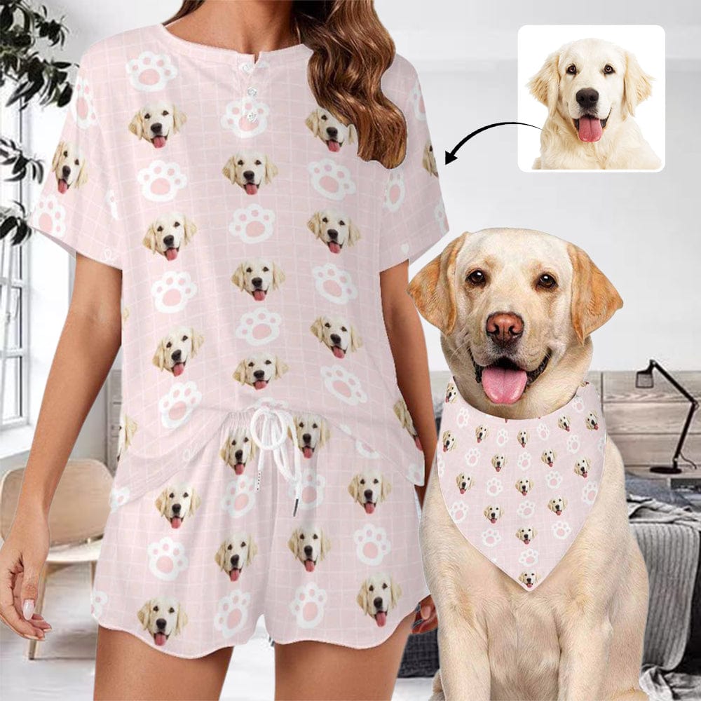 Custom Custom Dog Face Pink Pajama Set Women's Short Sleeve Top and Shorts Loungewear Athletic Tracksuits - YesCustom