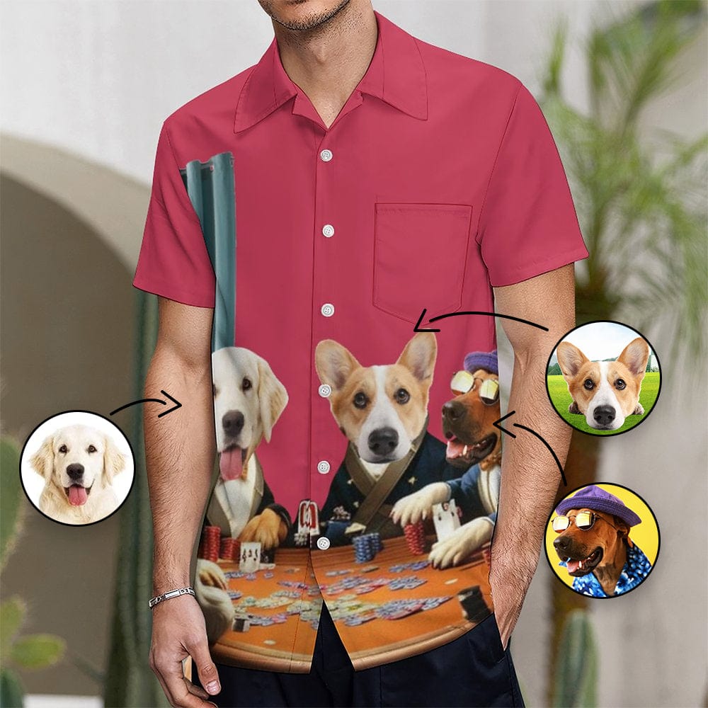 Custom Custom Dog Face Rose Red Shirt Men Front Pocket Beach Shortsleeve Pocket Hawaiian Shirt Boyfriend Gift For Him - YesCustom