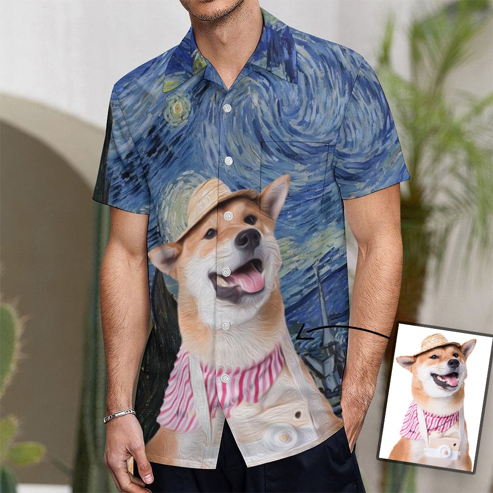 Custom Custom Dog Face Starry Night Shirt Men Front Pocket Beach Shortsleeve Pocket Hawaiian Shirt Boyfriend Gift For Him - YesCustom