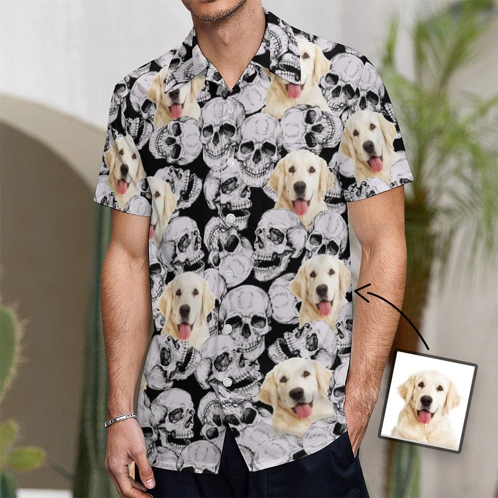 Custom Custom Dog Face White Skull Shirt Men Front Pocket Beach Shortsleeve Pocket Hawaiian Shirt Boyfriend Gift For Him - YesCustom